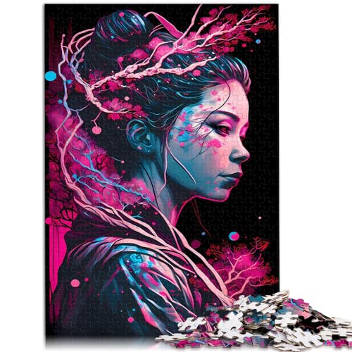 Puzzle mit 1000 Teilen für Erwachsene, Geisha Neon Cherry Blossom, Holzpuzzle für Jugendliche und Erwachsene, Holzpuzzle für Familienspiele und Heimdekoration, Größe: 50 x 75 cm von LXQING