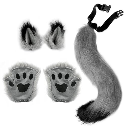 5-Teiliges Wolf Fuchsohren und Schwanz Set,Flauschiger Schwanz Ohren und Pfoten Handschuhe Set Halloween Party Faschingskostüm Halloween Wolf Fuchs Schwanz Clip Ohren,für Kinder oder Erwachsene von LXWINNER