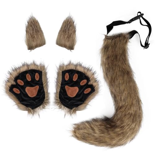 3-Teiliges Cosplay Kostüm Set,Flauschiger Schwanz Ohren und Pfoten Handschuhe Set Halloween Party Faschingskostüm Damen Kinder Halloween Wolf Fuchs Schwanz Clip Ohren,für Kinder oder Erwachsene von LXWINNER