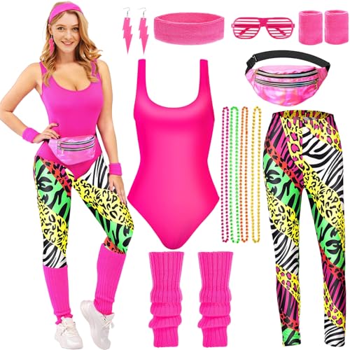 80er 90er Jahre Outfit Damen Set,80er Jahre Neon Kleidung Damen Set,80er Jahre Workout Kostüme für Damen mit Fluoreszierende Westen, Bauchtasche,Artistic Leggings für Karneval,Fasching,Mottoparty von LXWINNER