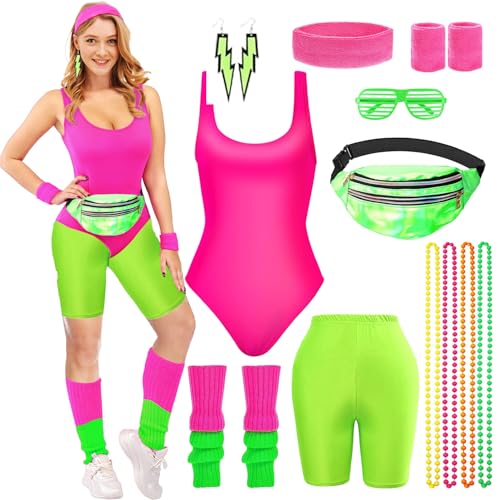 80er 90er Jahre Outfit Damen Set,80er Jahre Neon Kleidung Damen Set,80er Jahre Workout Kostüme für Damen mit Fluoreszierende Westen, Bauchtasche,Artistic Leggings für Karneval,Fasching,Mottoparty von LXWINNER