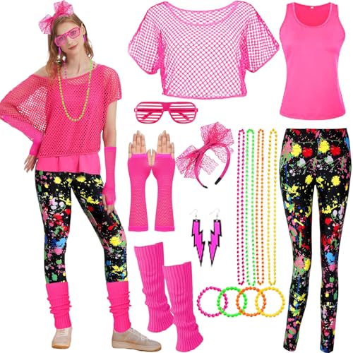 80er 90er Jahre Outfit Damen Set,80er Jahre Neon Kleidung Damen Set,80er Jahre Workout Kostüme für Damen mit netzshirt,Artistic Leggings,Beinwärmer,Netzhandschuhe für Karneval,Fasching,Mottoparty von LXWINNER