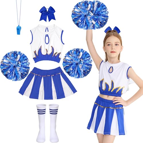 Cheerleader Kostüm Kinder,Cheerleading Kleid Cheer Uniformen mit Pompons,Socken,Pfeift und Haarzubehör,Cheerleader-Kostüm für Mädchen,Kinder Cheer Outfit Mädchen Karneval Kostüm für 8-16 Jahre von LXWINNER