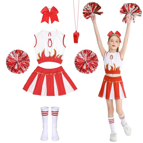 Cheerleader Kostüm Kinder,Cheerleading Kleid Cheer Uniformen mit Pompons,Socken,Pfeift und Haarzubehör,Cheerleader-Kostüm für Mädchen,Kinder Cheer Outfit Mädchen Karneval Kostüm für 8-16 Jahre von LXWINNER