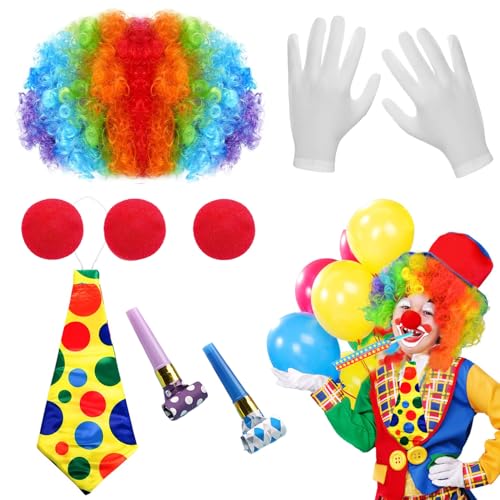 Clown Kostüm Accessoire,Regenbogen Clown Lockenperücke,Clown Nase,Tröten,Clown Bunte Krawatte,Clown Weiß Handschuhe,Clown Kostüm für Karneval Cosplay,Zirkus Requisiten,Clown Party Kinder Erwachsene von LXWINNER