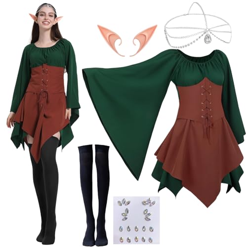 Damen Mittelalter Kleid,Mittelalter Ausgestellte Ärmel Kleid,Traditionelles Irisches Kleid Kostüm für Damen,Renaissance Elfen Kostüm,Gothic Kleid mit Elfenohren,Halloween Viktorianisches Cosplay Kleid von LXWINNER