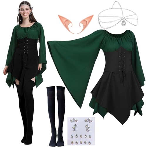 Damen Mittelalter Kleid,Mittelalter Ausgestellte Ärmel Kleid,Traditionelles Irisches Kleid Kostüm für Damen,Renaissance Elfen Kostüm,Gothic Kleid mit Elfenohren,Halloween Viktorianisches Cosplay Kleid von LXWINNER