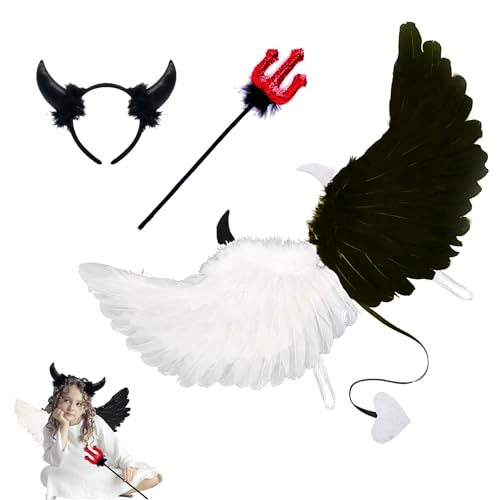 Engel Flügel,Flügel mit Heiligenschein und Zauberstab,Schwarz Weiß Engel Kostüm Damen,Schwarz Weiß Engel Kostüm,Angel Wings für Kinder Erwachsene Halloween Karneval Maskerade Fasching Party Cosplay von LXWINNER