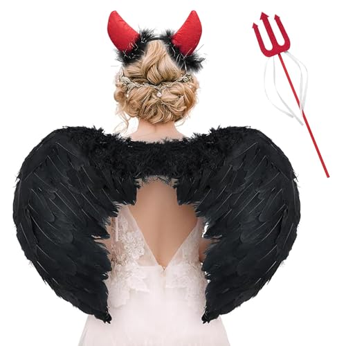 Engel Flügel,Flügel mit Heiligenschein und Zauberstab,Schwarzer Engel Kostüm Damen,Schwarzer Engel Kostüm,Angel Wings für Kinder Erwachsene Halloween Karneval Maskerade Fasching Party Cosplay von LXWINNER