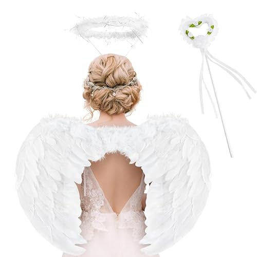 Engelsflügel Weiß,Flügel mit Heiligenschein und Zauberstab,Weiße Engel Kostüm Damen,Engels Flügel Kostüm,Angel Wings für Kinder Erwachsene Halloween Karneval Maskerade Fasching Party Cosplay von LXWINNER