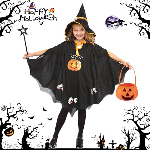 Halloween Fledermaus Umhang mit Hut, Halloween Umhang Kinder, Hexenkostüm Kinder Mädchen, Halloween Kostüm Kinder Fledermaus, Halloween Kostüme Kinder für Halloween Karneval Fasching Cosplay (Schwarz) von LXWINNER