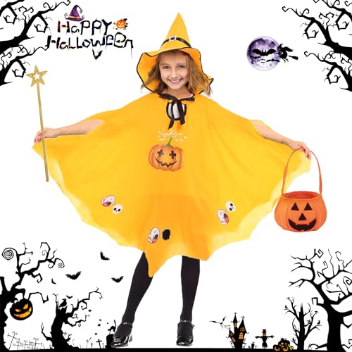 Halloween Fledermaus Umhang mit Hut, Halloween Umhang Kinder, Hexenkostüm Kinder Mädchen, Halloween Kostüm Kinder Fledermaus, Halloween Kostüme Kinder für Halloween Karneval Fasching Cosplay (Gelb) von LXWINNER