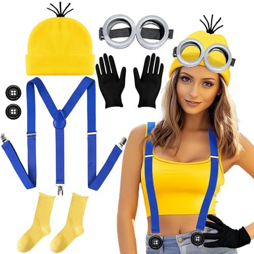 Halloween Kostüm Cosplay for Erwachsener and Kinder, 6 Stück Halloween Kostüm Zubehör mit Steampunk Brille Gelbe Mütze Blau Hosenträger Handschuhe Socken Knopf, Karneval Kostüm Cosplay Partyzubehör von LXWINNER