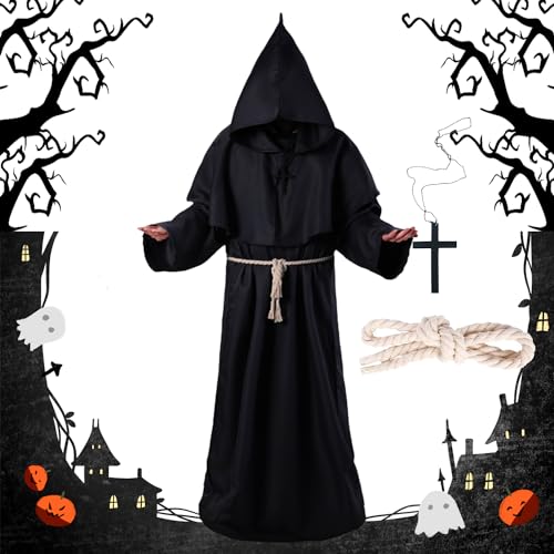 Halloween Mönch Robe, Mönch Robe Kostüm mit Kreuzanhänger und Gürtel, Priester Robe Kostüm, Herren Cosplay Mönchskostüm, Mittelalterliche Kapuze Renaissance Robe für Mottoparty, Halloween, Karneval von LXWINNER