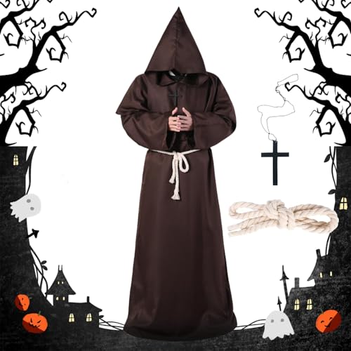 Halloween Mönch Robe, Mönch Robe Kostüm mit Kreuzanhänger und Gürtel, Priester Robe Kostüm, Herren Cosplay Mönchskostüm, Mittelalterliche Kapuze Renaissance Robe für Mottoparty, Halloween, Karneval von LXWINNER