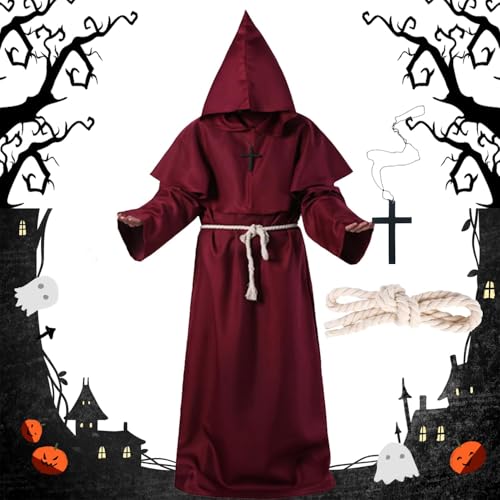 Halloween Mönch Robe, Mönch Robe Kostüm mit Kreuzanhänger und Gürtel, Priester Robe Kostüm, Herren Cosplay Mönchskostüm, Mittelalterliche Kapuze Renaissance Robe für Mottoparty, Halloween, Karneval von LXWINNER