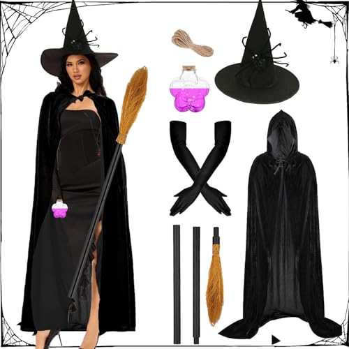 Hexenkostüm Damen Halloween, Halloween hexenhut, Hexenumhang Hexenbesen, Hexehandschuhe, Hexen Trankflasche, Unisex Umhang mit Kapuze, Vampir Umhang Hexenhut Halloween Kostüm Damen Hexe Accessoires von LXWINNER