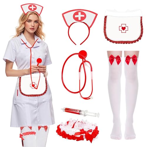 Krankenschwester Zubehör Set, 7 Stück Krankenschwester Kostüm Damen mit Kopfteil, Stethoskop, Strumpfband, Krankenschwester Cosplay Set, Mottoparty Halloween Karneval Verkleidung Party-Kostüm von LXWINNER