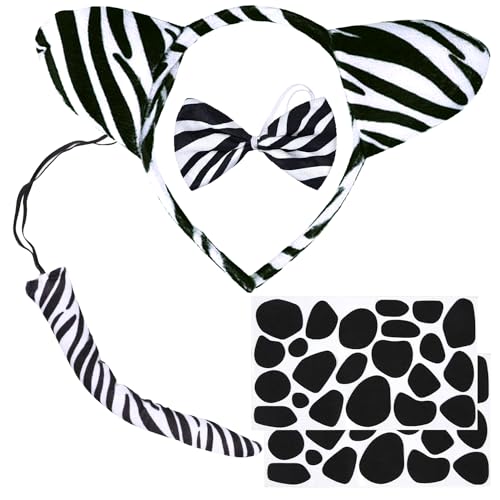 LXWINNER 5 Stück Zebra Kostüm Set,Tiere Zebra Ohren Stirnband Fliege Schwanz Selbstklebendee Aufkleber,Zebra Kostüm Kinder,Halloween Kostüm Faschingskostüme Zubehör für Fasching Cosplay Party von LXWINNER