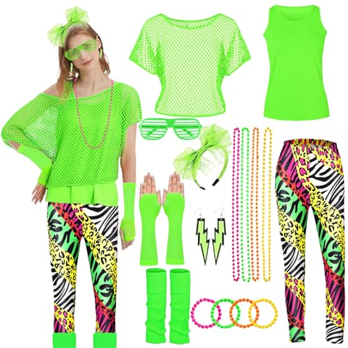 80er 90er Jahre Outfit Damen Set,80er Jahre Neon Kleidung Damen Set,80er Jahre Workout Kostüme für Damen mit netzshirt,Artistic Leggings,Beinwärmer,Netzhandschuhe für Karneval,Fasching,Mottoparty von LXWINNER