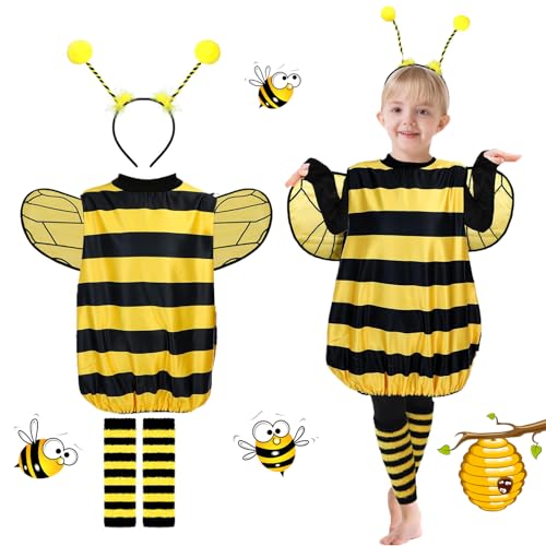 LXWINNER Bienen Kostüm Damen, Bienen Kostüm Set, Kostüm Erwachsene Biene, Bienen Damenkleid mit Haarreif, Flügel, Beinärmel, Karneval Kostüm Damen für Halloween Dress Up Party Cosplay von LXWINNER