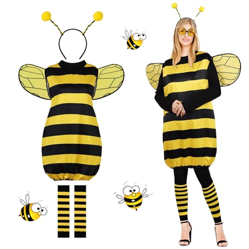 LXWINNER Bienen Kostüm Damen, Bienen Kostüm Set, Kostüm Erwachsene Biene, Bienen Damenkleid mit Haarreif, Flügel, Beinärmel, Karneval Kostüm Damen für Halloween Dress Up Party Cosplay von LXWINNER