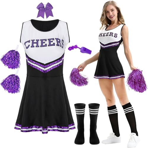 LXWINNER Cheerleader Kostüm,Cheerleading Uniform Kein mit Pompons und Socken, High School Cheerleader Kostüm für Halloween Verkleidung Karneval (Lila, L) von LXWINNER