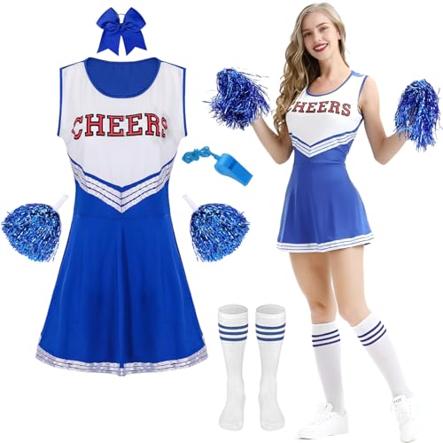 LXWINNER Cheerleader Kostüm,Cheerleading Uniform Kein mit Pompons und Socken, High School Cheerleader Kostüm für Halloween Verkleidung Karneval (blau, L) von LXWINNER