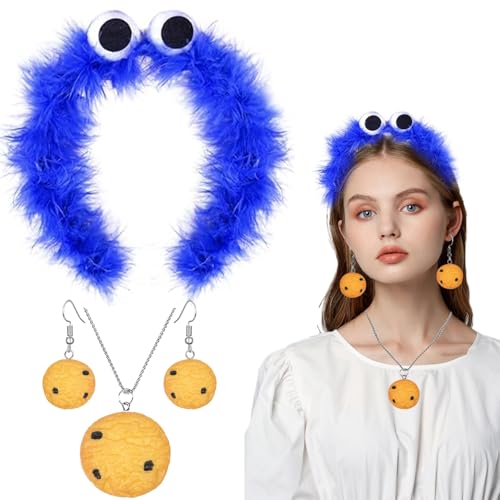 LXWINNER Cookie Monster Haarreif, krümelmonster kostüm Damen Kinder, Keks-Halskette, Cookie Ohrringe, Krümelmonster Kostüm Accessories, Damen Kinder Kostüm Halloween Karneval Fasching Cosplay von LXWINNER