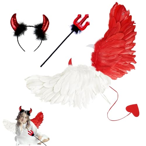 Engel Flügel,Flügel mit Heiligenschein und Zauberstab,Rot Weiß Engel Kostüm Damen,Rot Weiß Engel Kostüm,Angel Wings für Kinder Erwachsene Halloween Karneval Maskerade Fasching Party Cosplay von LXWINNER