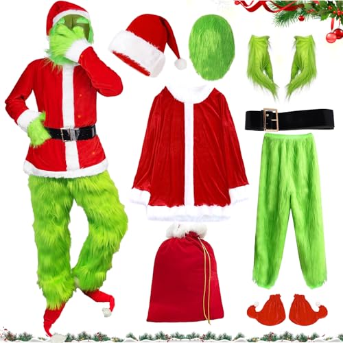 Grün Großes Monster Kostüm, Grün Weihnachtsmann Kostüm Herren, Grinch Kostüm Erwachsene, Grünes Monster Kostüm mit Maske, Weihnachtsfeier Cosplay Kostüm Mottoparty, Für Karneval Weihnachten Cosplay von LXWINNER