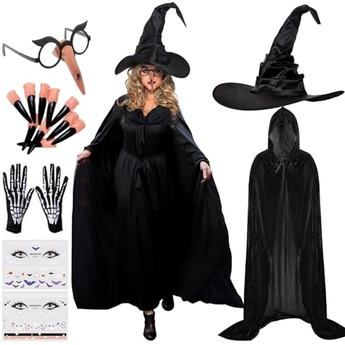 LXWINNER Halloween Damen Hexen Kostüm mit Hexenhut,Halloween Frauen Hexenhut,Unisex Umhang mit Kapuze,Halloween Umhang Damen,Halloween Umhang für Erwachsene Cosplay Vampir Kostüm Halloween Kostüm von LXWINNER