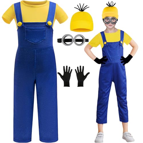 LXWINNER Kinder Halloween Kostüm gelbes T-Shirt mit Hut,Runde Steampunk Brille,Schwarze Handschuhe,Jungen Mädchen Fancy Dress für Halloween Karneval Weihnachten Geburtstag Thema Party (1.1m) von LXWINNER