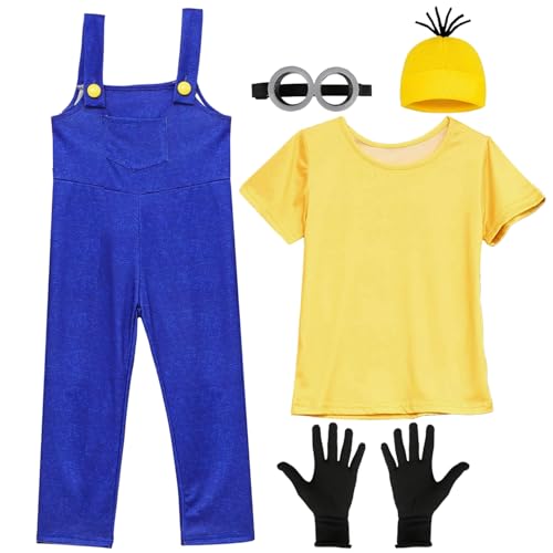 LXWINNER Kinder Halloween Kostüm gelbes T-Shirt mit Hut,Runde Steampunk Brille,Schwarze Handschuhe,Jungen Mädchen Fancy Dress für Halloween Karneval Weihnachten Geburtstag Thema Party von LXWINNER