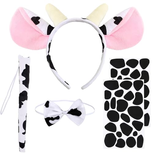 LXWINNER 5 Stück Kuh Kostüm Set,Tiere Kuhohren Ohren Stirnband Fliege Schwanz Selbstklebendee Aufkleber,Kuh Kostüm Kinder,Halloween Kostüm Faschingskostüme Zubehör für Fasching Cosplay Party von LXWINNER