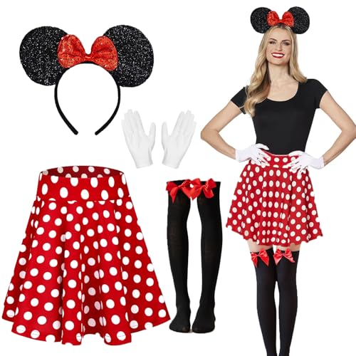 LXWINNER Mouse Kostüm,Rote Tutu mit weiß Gepunktet,Haarreifen mit Maus Ohren,Weiß Handschuhe,Socken,Mouse Kostüm Damen Zubehör,Perfekt für faschingskostüme Damen und Halloween Cosplay von LXWINNER