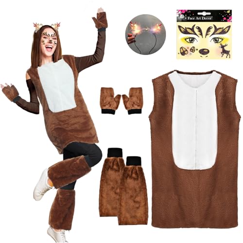 LXWINNER Rentier Karneval Damenkostüm,Reh Kostüm Damen Kleid,Rentier Geweih Haarreif,Rentier Gesicht Tattoos,Reh Kostüm Erwachsene,Reh Kostüm Zubehör für Weihnachts Faschings Cosplay Mottoparty von LXWINNER