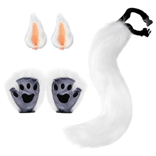 5-Teiliges Wolf Fuchsohren und Schwanz Set,Flauschiger Schwanz Ohren und Pfoten Handschuhe Set Halloween Party Faschingskostüm Halloween Wolf Fuchs Schwanz Clip Ohren,für Kinder oder Erwachsene von LXWINNER