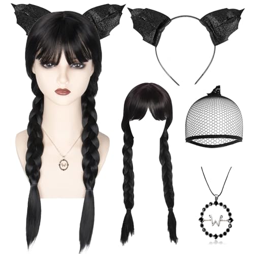 Lange Geflochtene Schwarze Perücken,Perücke Doppelt Geflochten Perücken,Fledermausohr Stirnband,Schwarze Geflochtene Perücke,Perücke für Damen,für Cosplay Party Faschingskostüme Karneval Halloween von LXWINNER