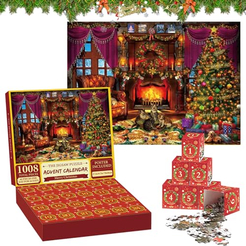 Adventskalender 2024 Puzzle,Weihnachten Katze Puzzle,24 Boxen Puzzles für Countdown bis Weihnachten,1008 Teile Puzzles Countdown bis Weihnachten,Adventskalender Puzzle für Kinder und Erwachsene von LXWINNER