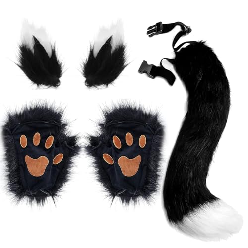 5-Teiliges Wolf Fuchsohren und Schwanz Set,Flauschiger Schwanz Ohren und Pfoten Handschuhe Set Halloween Party Faschingskostüm Halloween Wolf Fuchs Schwanz Clip Ohren,für Kinder oder Erwachsene von LXWINNER