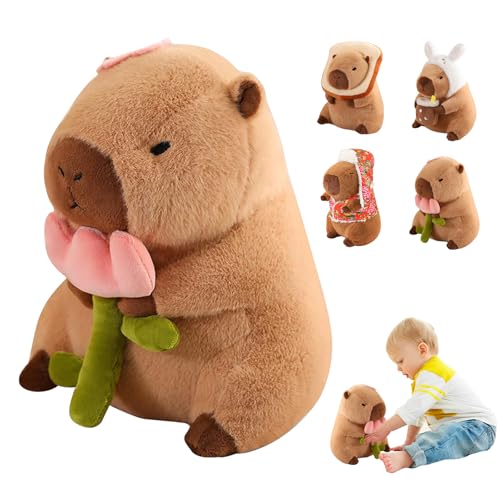 30cm Niedliche Capybara Plüschtier, Simulation Capybara Plüschtier, Wasserschwein Plüsch Wurfkisse, Super Weiche Gefüllte Spielzeug, Verfügbar für Home Deko und Kinder Geschenke (Holding Flowers) von LXYYDS