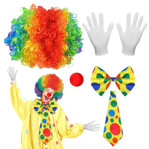 5 Stück Clown Kostüm Set, Clown Kostüm Accessoire, Clownsnase, Clown Perücke, Clown Krawatte, Clown Fliege, Clown Weiß Handschuhe, Geeignet Kostümzubehör Für Karneval, Ostern Und Halloween von LXYYDS