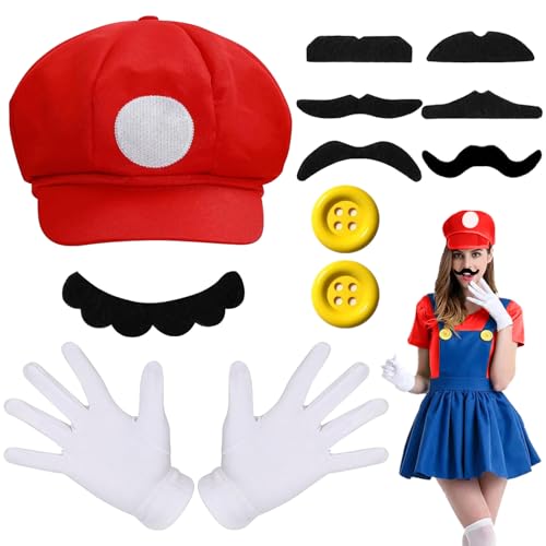 LXYYDS 12 Stück Bros Kostüm Zubehör, Bros Kostüm Accessories, Mütze Hut Handschuhe Bart Gelbe Knöpfe, Schnurrbärte Handschuhe Knöpfe, Faschingkostüme für Kinder Erwachsene Karneval Cosplay von LXYYDS