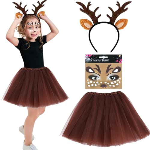 LXYYDS 3 Stück Kostüm Rentier Kinder, Rentier Haarreif mit Gesicht Aufkleber Tutu Rock, Rentier Kostüme für Mädchen, Rentier Kopfschmuck Kinder Mädchen, für Halloween Karneval Weihnachten Fasching von LXYYDS