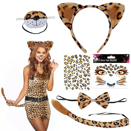 LXYYDS 6 Stück Leopard Kostüm Set, Leopard Tier Kostüm Zubehör, Leopard Ohren Haarreif, Leoparden Schwanz Fliege, Leoparden Tattoo Gesicht, Für Halloween Karneval Mottoparty Damen Kinder Kostüm von LXYYDS