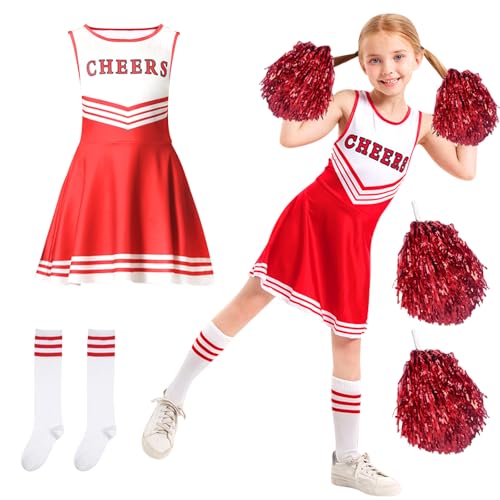 LXYYDS Cheerleader Kostüm Kinder, Cheerleadering Outfit Mädchen, Cheerleading Uniform Kleid, Mädchen Cheerleader Kostüm, Cheer Kostüm Outfit mit 2 Pompoms und 2 Socken, für Karneval Halloween (130) von LXYYDS