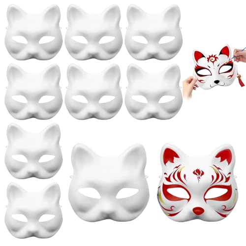 LXYYDS Katzenmaske, 10 Stück Therian Mask, Handgemalte Cat Maske, Leere Fuchsmasken, Katzenmasken zum Bemalen, Leere Maske mit Elastischer Kordel, DIY Kreatives Katzenmaske Halloween Cosplay von LXYYDS