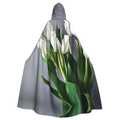 LXqlSS Kapuzenumhang mit weißen Tulpen und Blumen, Unisex, für Teufel, Hexe, Zauberer, Halloween, Weihnachten, Cosplay von LXqlSS