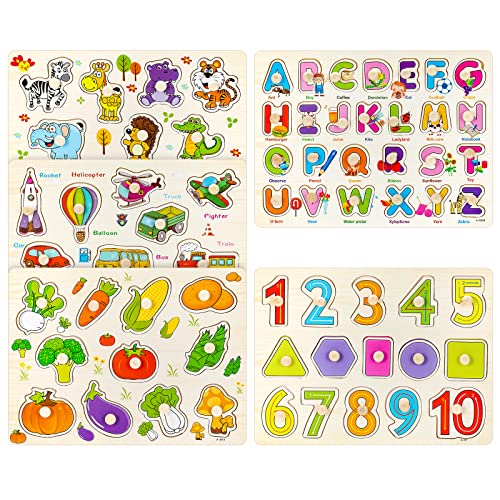 Holzpuzzle Holzspielzeug mit Knopf, Montessori Holz Steckpuzzle für Kinder 1 2 3 Jahr Alphabet Nummer Tier Gemüse Fahrzeuge Lehrspielzeuge Geschenk Jungen Mädchen (5 Stück) von LYCHEON